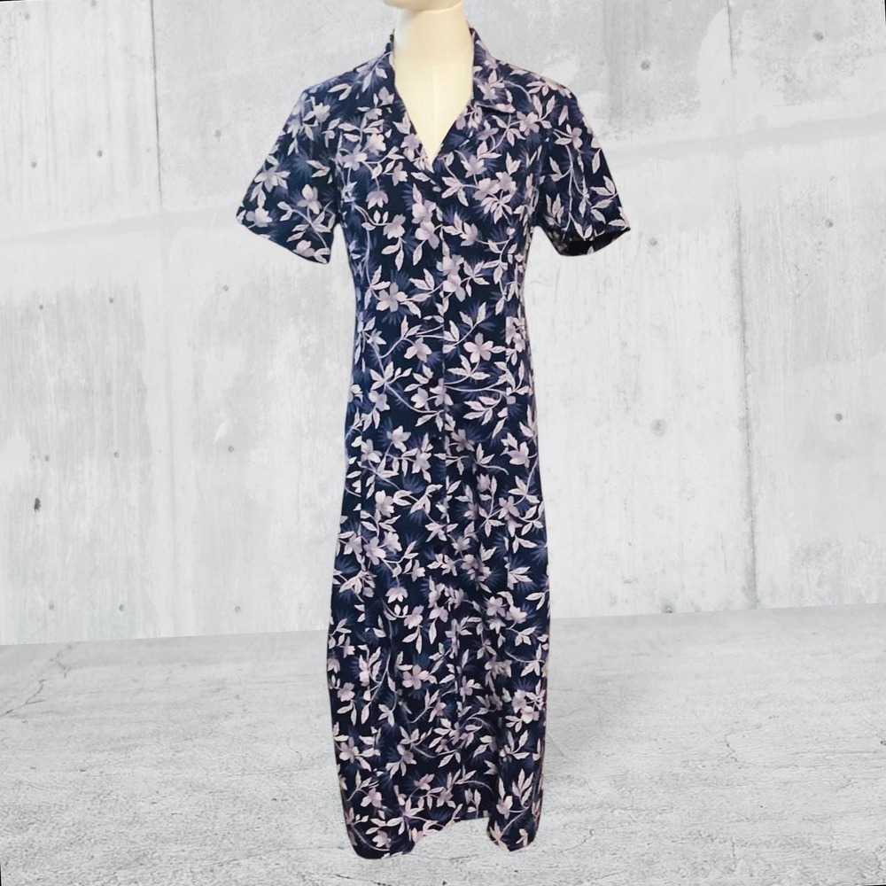 Vintage Erika Dresses Floral Blue Button Front Tie Back Short Sleeve